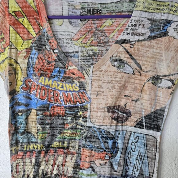 Marvel Heroes Shirt Womens Large Comic Book Graphic Tee Spider-Man Iron Man Hulk - Picture 2 of 7